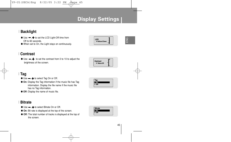 Backlight, Contrast, Bitrate | Display settings, Ibacklight i contrast, Itag i bitrate | Samsung YP-U1Z-XAP User Manual | Page 45 / 58