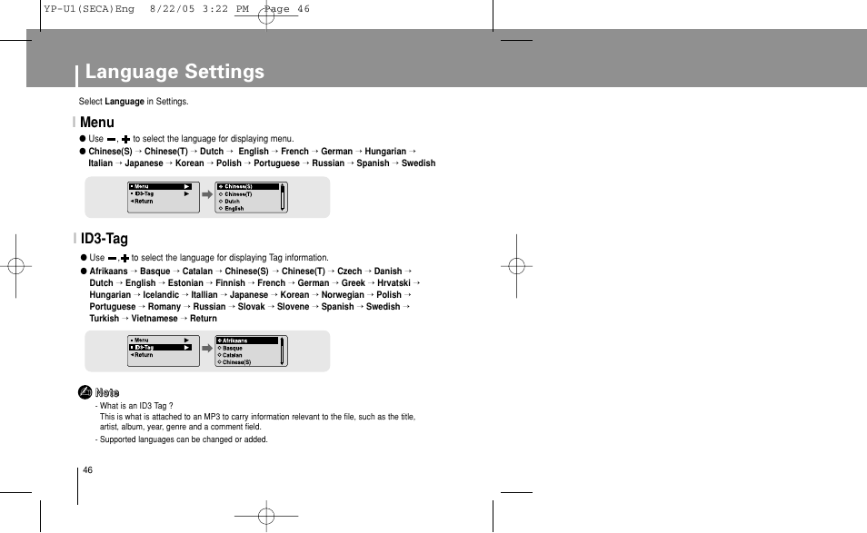 Language settings, Menu, Id3-tag | Imenu i id3-tag | Samsung YP-U1Z-XAP User Manual | Page 46 / 58