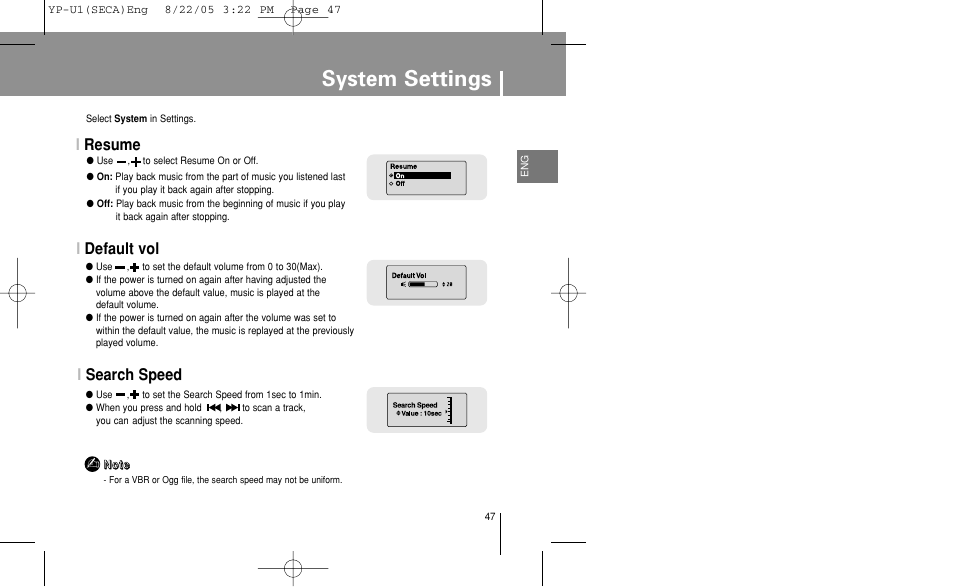 System settings, Resume, Default vol | Search speed, Iresume i default vol i search speed | Samsung YP-U1Z-XAP User Manual | Page 47 / 58