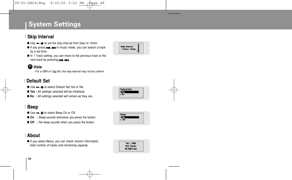 Skip interval, Default set, Beep | About, System settings, Iskip interval, Iabout, Idefault set i beep | Samsung YP-U1Z-XAP User Manual | Page 48 / 58