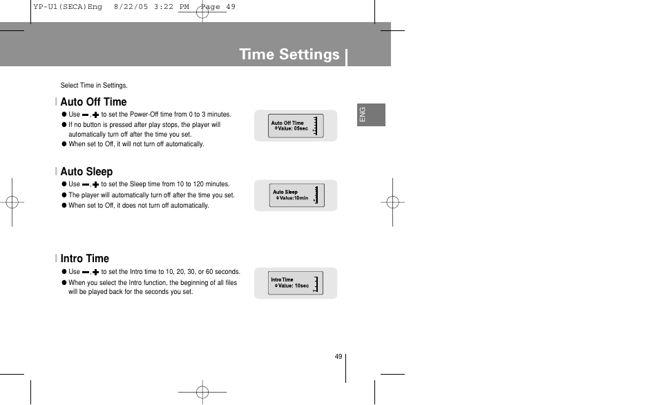 Time settings, Auto off time, Auto sleep | Intro time, Iauto off time i auto sleep i intro time | Samsung YP-U1Z-XAP User Manual | Page 49 / 58