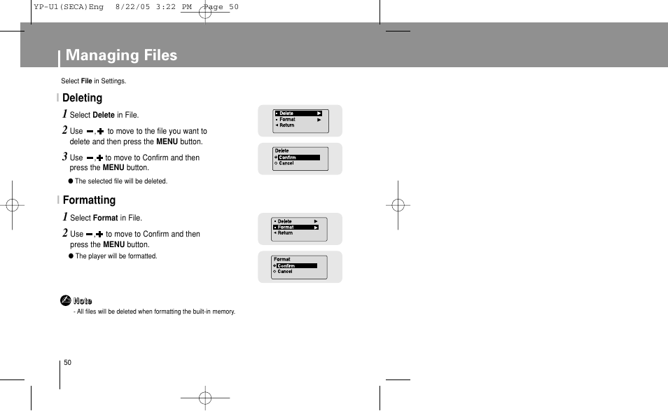 Managing files, Deleting, Formatting | Samsung YP-U1Z-XAP User Manual | Page 50 / 58