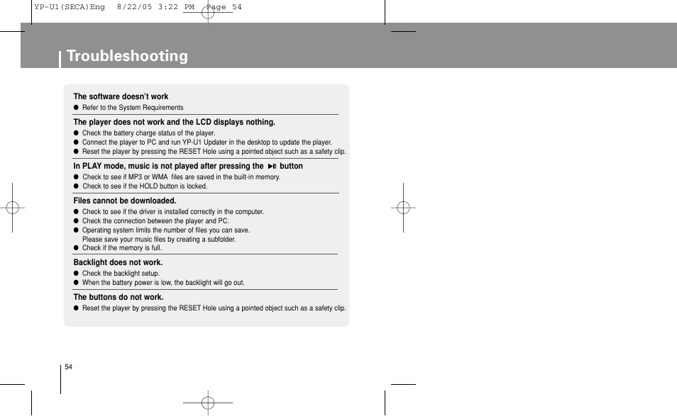 Troubleshooting | Samsung YP-U1Z-XAP User Manual | Page 54 / 58