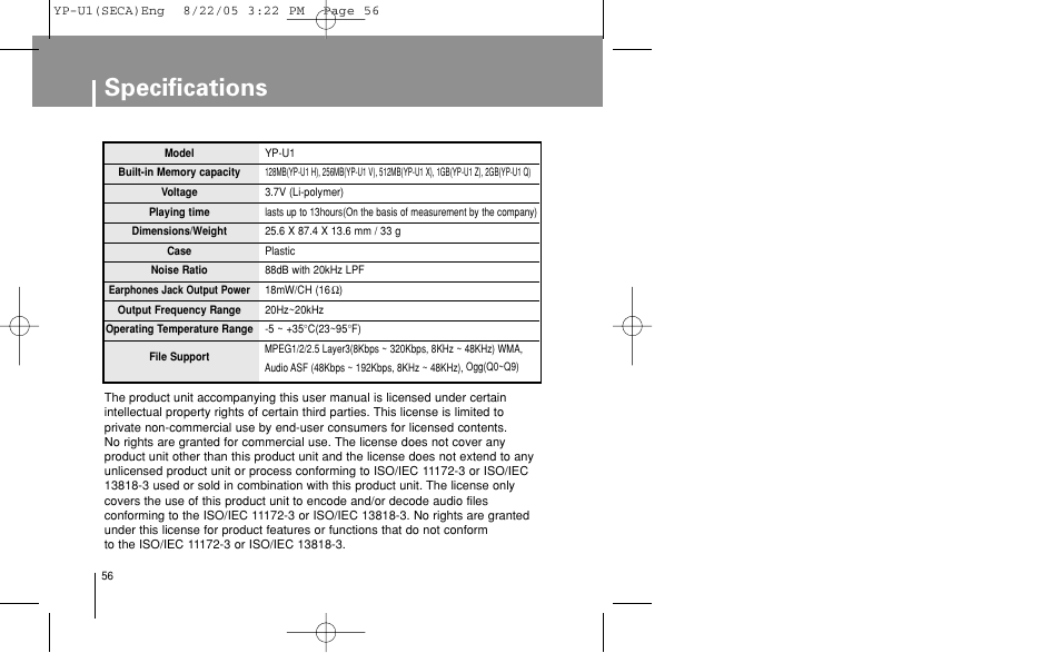 Specifications | Samsung YP-U1Z-XAP User Manual | Page 56 / 58