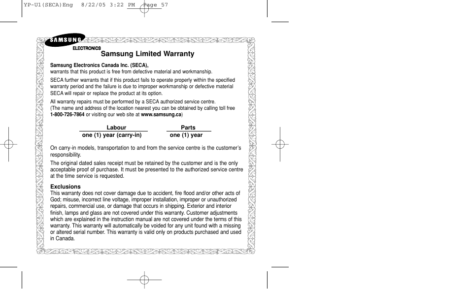 Samsung limited warranty | Samsung YP-U1Z-XAP User Manual | Page 57 / 58