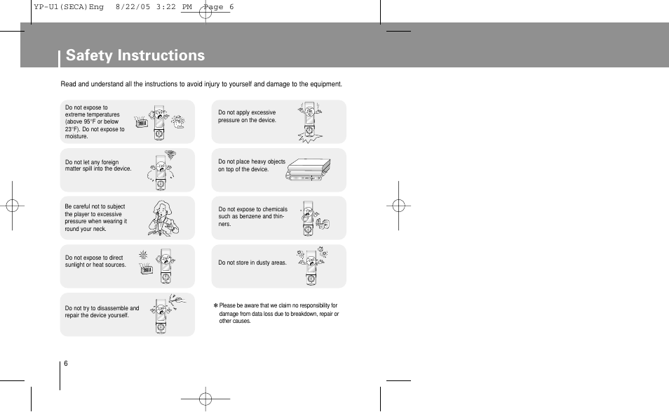 Safety instructions | Samsung YP-U1Z-XAP User Manual | Page 6 / 58