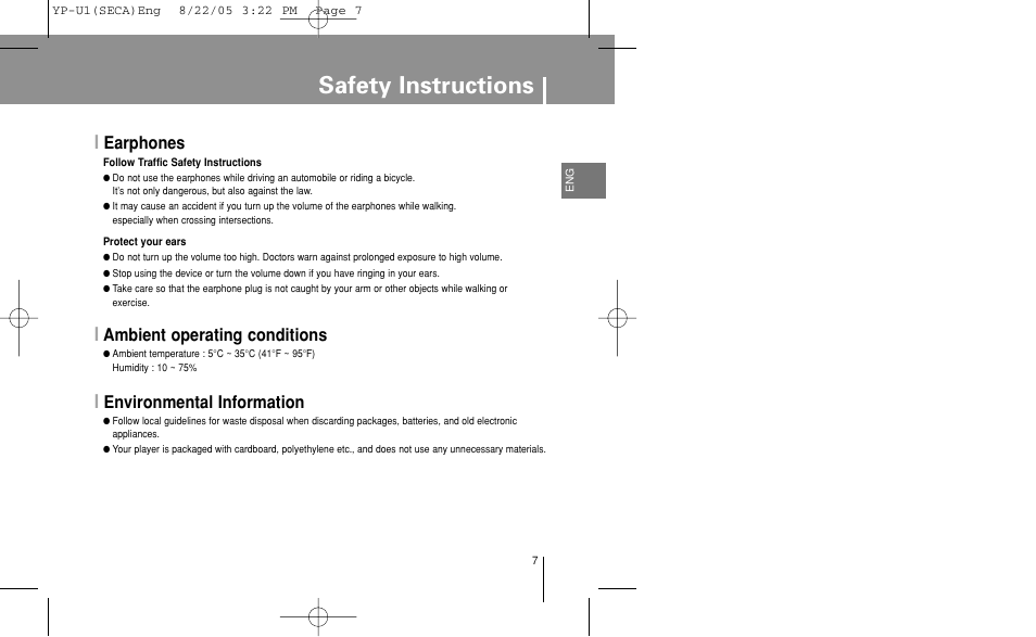 Safety instructions, Earphones, Ambient operating conditions | Environmental information | Samsung YP-U1Z-XAP User Manual | Page 7 / 58