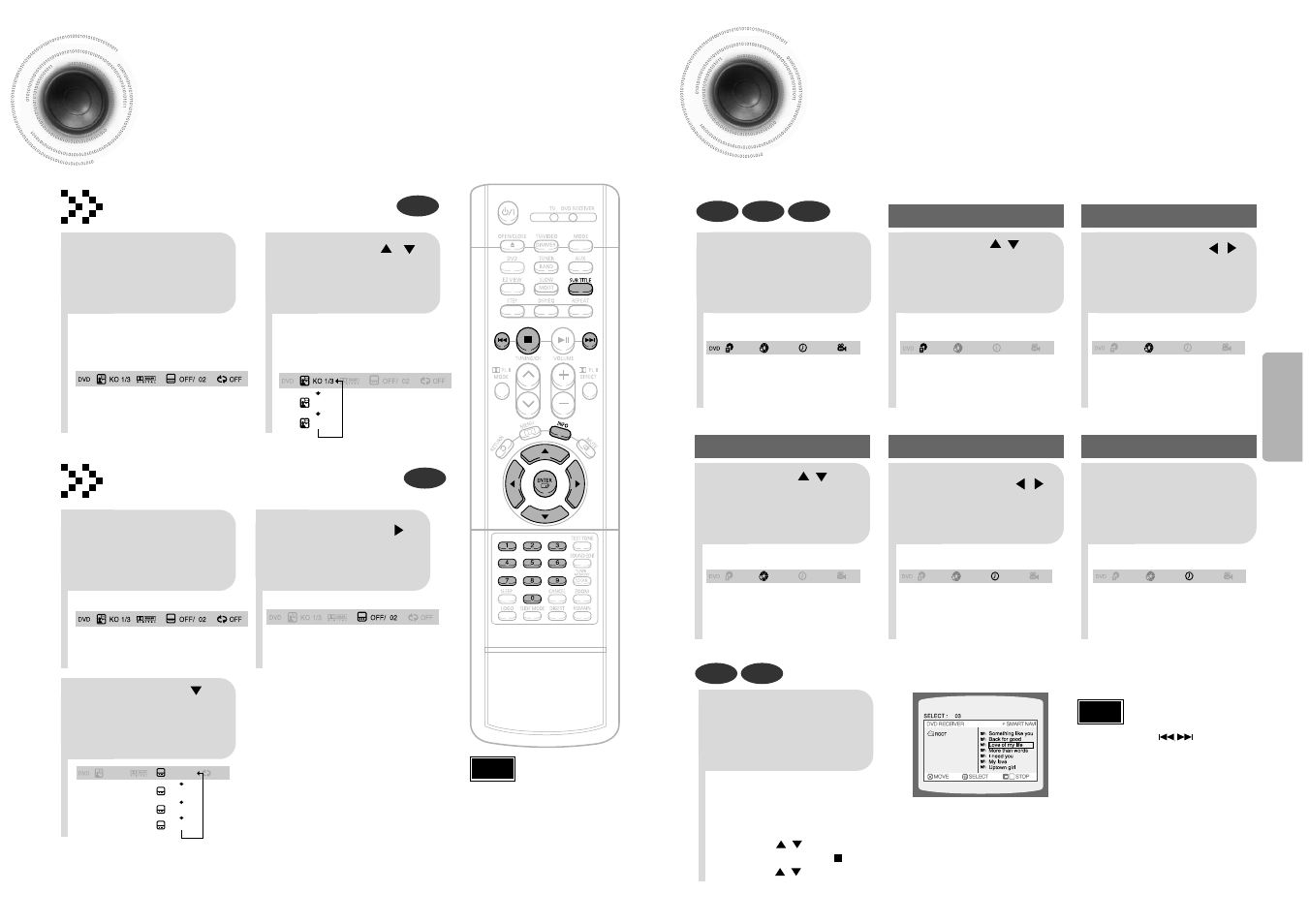 Selecting audio/subtitle language, Moving directly to a scene/song, 30 moving directly to a scene/song | 29 selecting audio/subtitle language, Audio language selection function, Subtitle language selection function | Samsung HTDM150TH-XAX User Manual | Page 16 / 34