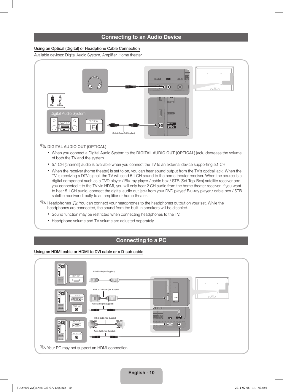 Connecting to an audio device, Connecting to a pc | Samsung UN19D4000NDXZA User Manual | Page 10 / 19