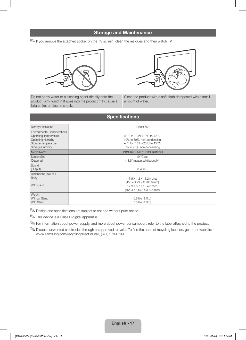 Storage and maintenance, Specifications | Samsung UN19D4000NDXZA User Manual | Page 17 / 19