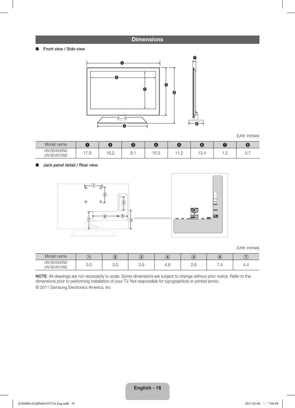 Dimensions | Samsung UN19D4000NDXZA User Manual | Page 18 / 19