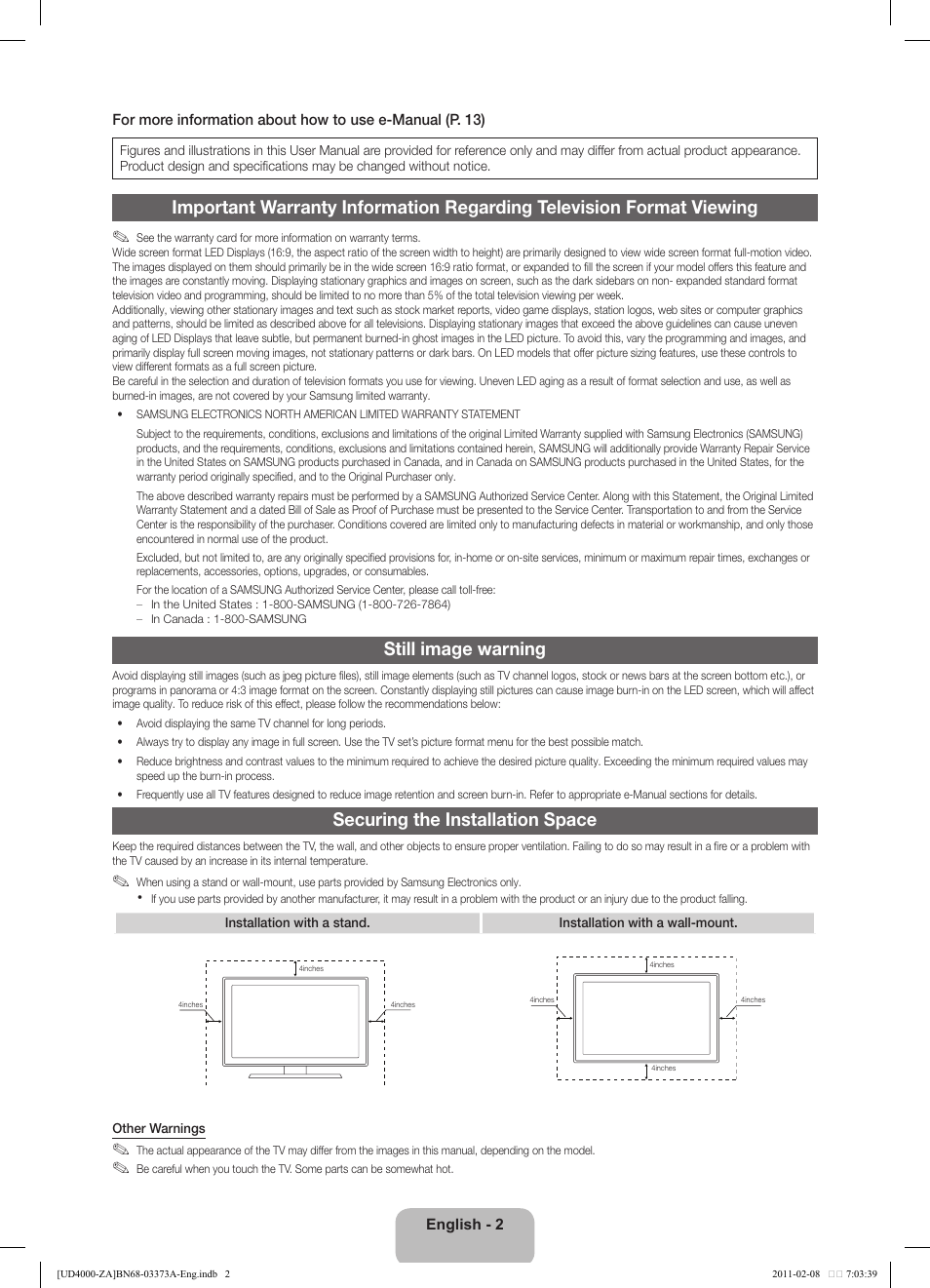 Still image warning, Securing the installation space | Samsung UN19D4000NDXZA User Manual | Page 2 / 19