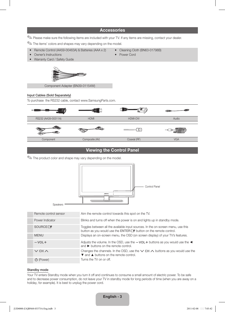 Accessories, Viewing the control panel | Samsung UN19D4000NDXZA User Manual | Page 3 / 19
