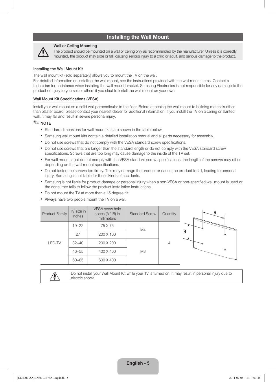 Installing the wall mount | Samsung UN19D4000NDXZA User Manual | Page 5 / 19