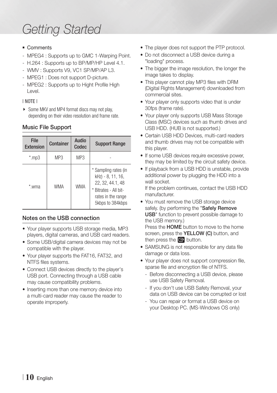 Getting started | Samsung BD-E5900-ZA User Manual | Page 10 / 57