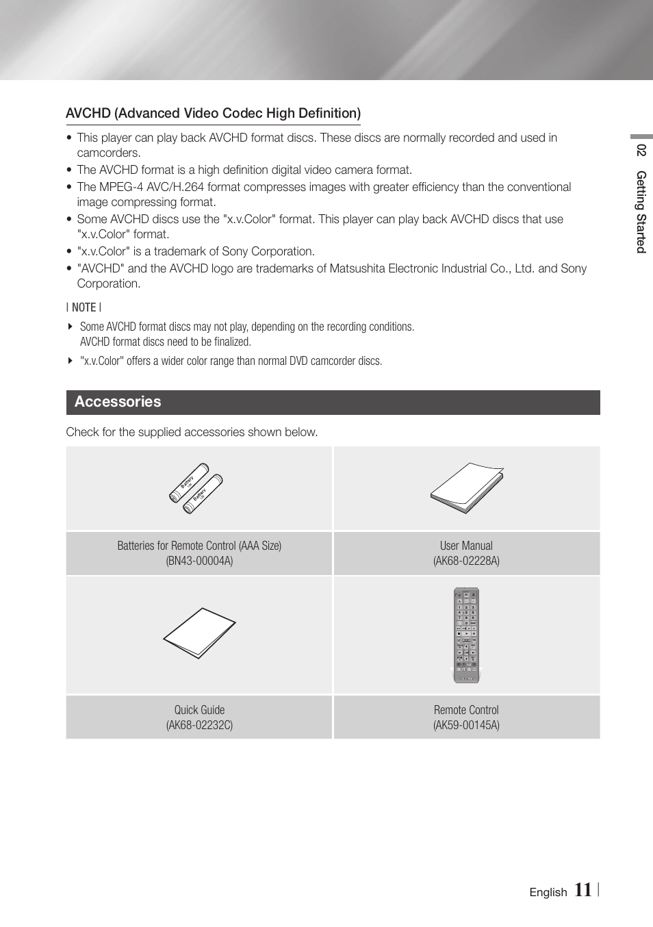 Accessories, 11 accessories, Avchd (advanced video codec high definition) | 02 getting started, English | Samsung BD-E5900-ZA User Manual | Page 11 / 57