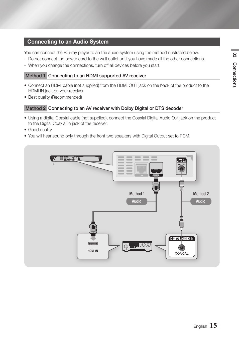 Connecting to an audio system, 15 connecting to an audio system, Connecting to an hdmi | Supported av receiver, Connecting to an av receiver, With dolby digital or dts decoder | Samsung BD-E5900-ZA User Manual | Page 15 / 57