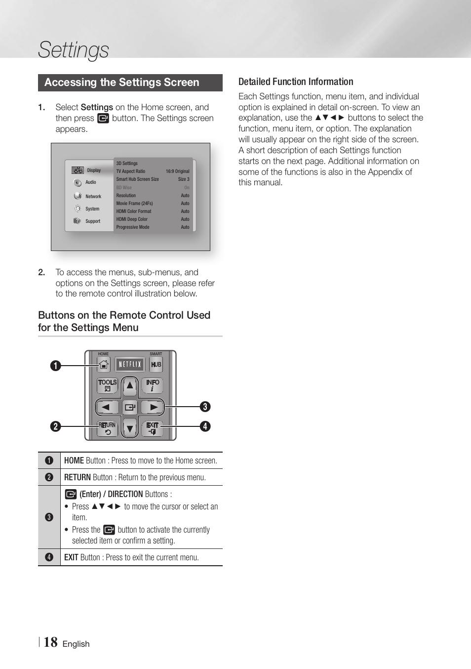 Accessing the settings screen, 18 accessing the settings screen 18, Buttons on the remote control used for | The settings menu, Settings, Detailed function information | Samsung BD-E5900-ZA User Manual | Page 18 / 57