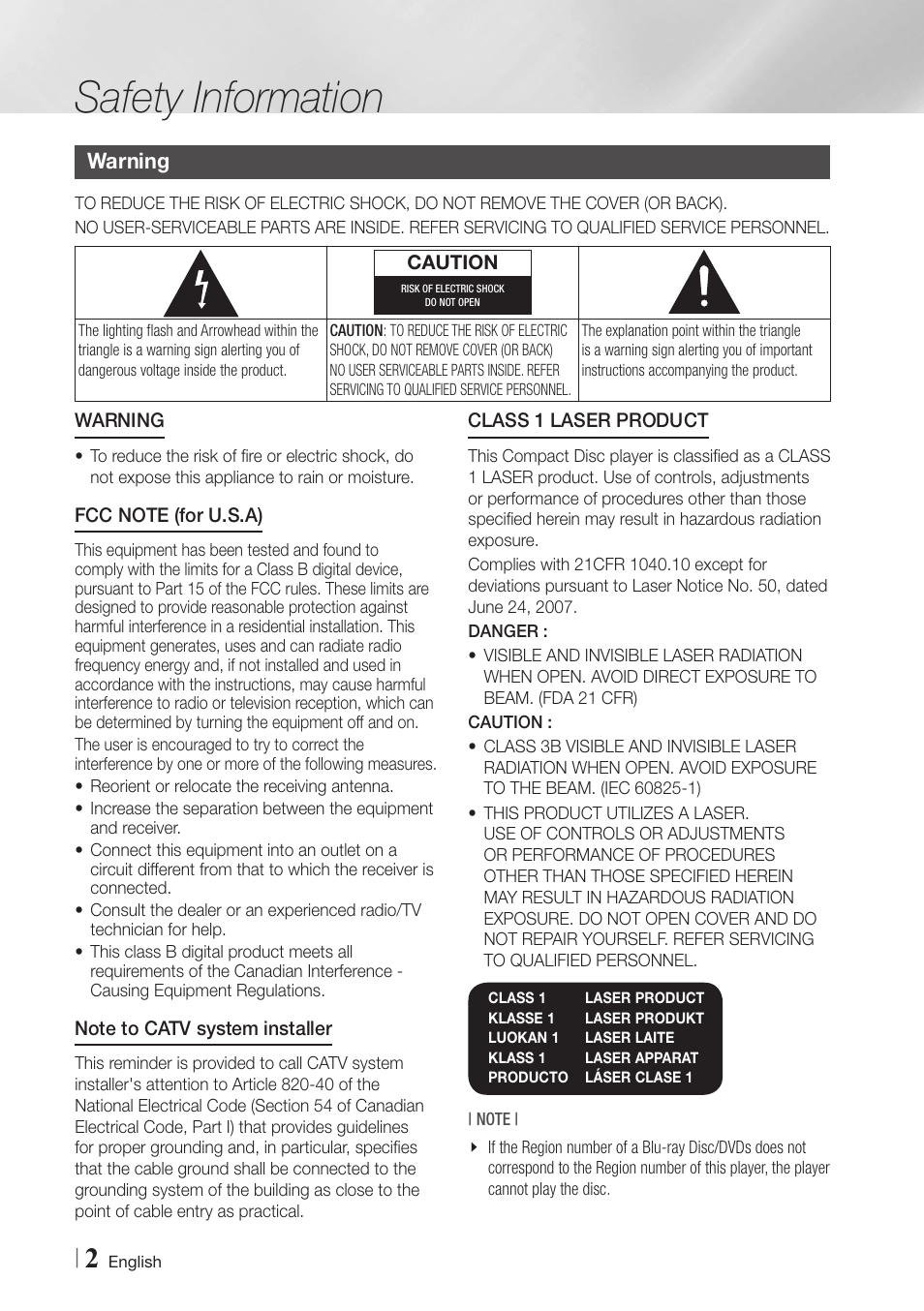 Safety information, Warning | Samsung BD-E5900-ZA User Manual | Page 2 / 57