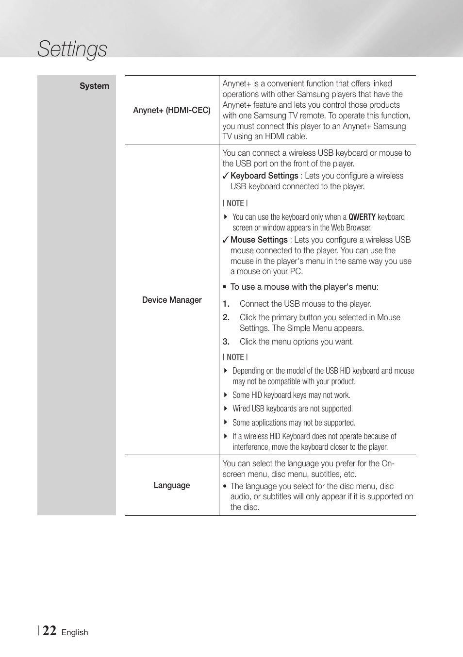 Settings | Samsung BD-E5900-ZA User Manual | Page 22 / 57