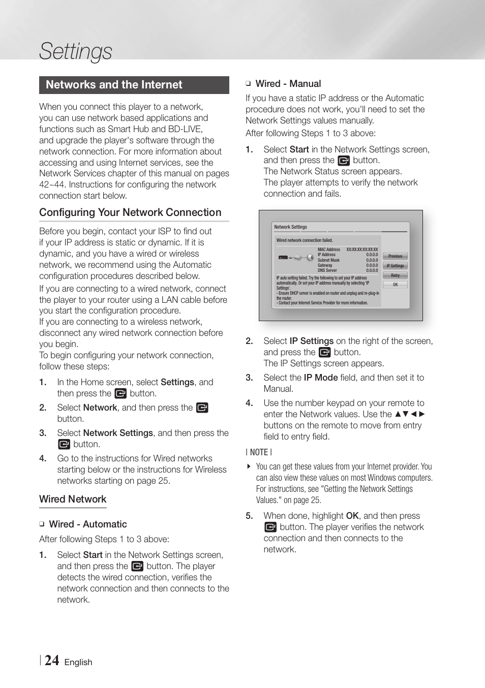 Networks and the internet, Configuring your network connection, 24 networks and the internet 24 | Settings, Wired network | Samsung BD-E5900-ZA User Manual | Page 24 / 57