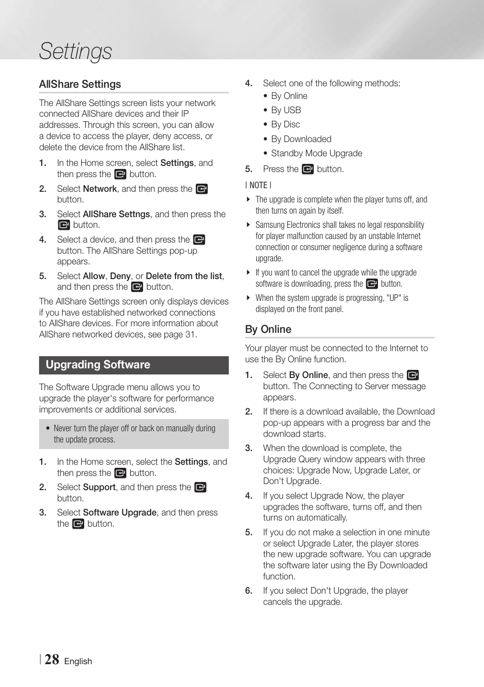 Allshare settings, Upgrading software, By online | 28 upgrading software 28, Settings | Samsung BD-E5900-ZA User Manual | Page 28 / 57