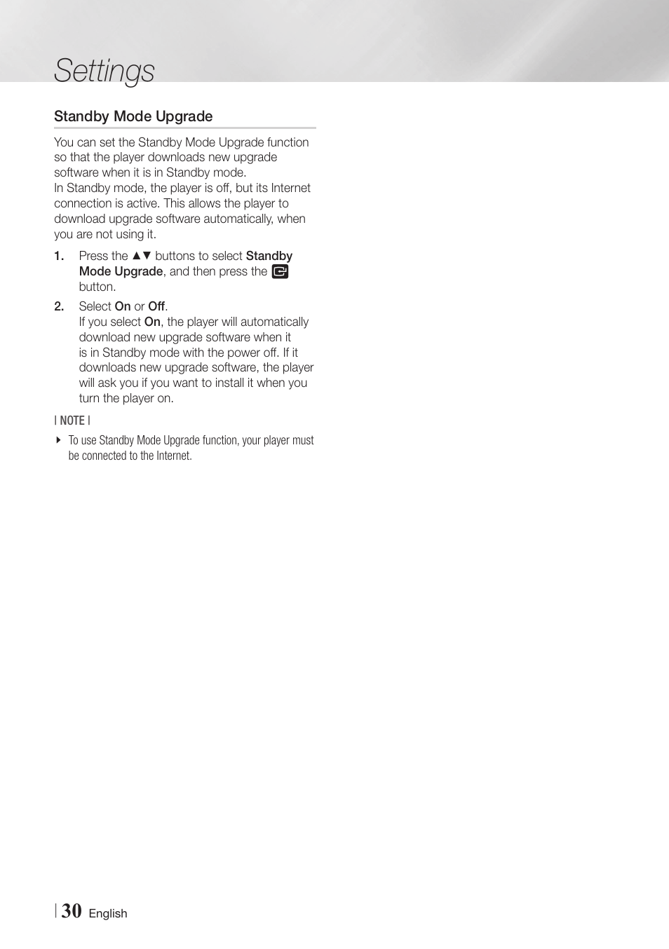 Standby mode upgrade, Settings | Samsung BD-E5900-ZA User Manual | Page 30 / 57