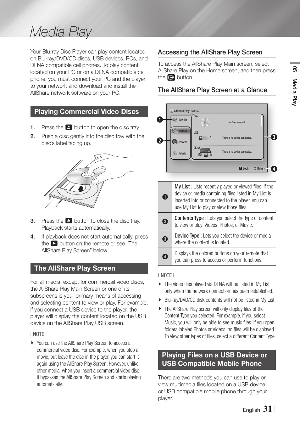 Media play, Playing commercial video discs, The allshare play screen | Accessing the allshare play screen, The allshare play screen at a glance, 31 playing files on a usb device or usb, Compatible mobile phone | Samsung BD-E5900-ZA User Manual | Page 31 / 57