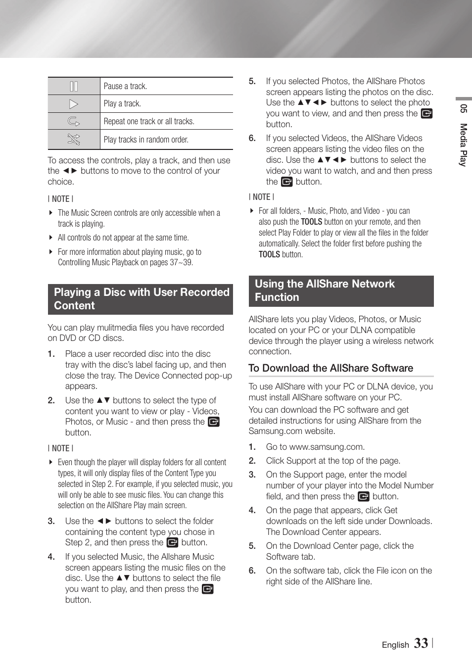 Playing a disc with user recorded content, Using the allshare network function, To download the allshare software | 33 playing a disc with user recorded, Content, 33 using the allshare network function 33 | Samsung BD-E5900-ZA User Manual | Page 33 / 57