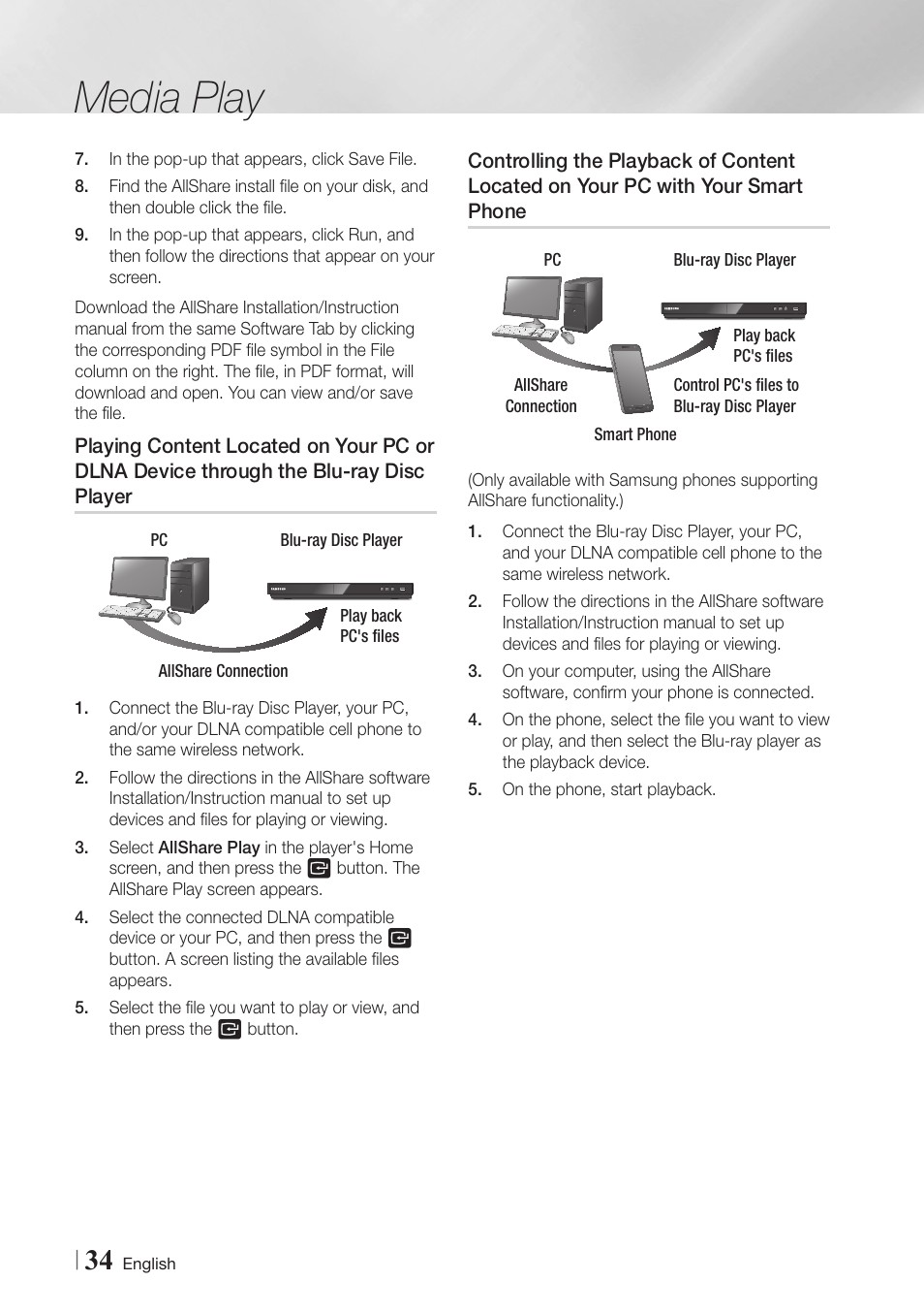 Playing content located on your pc or, Dlna device through the blu-ray disc, Player | Controlling the playback of content, Located on your pc with your smart, Phone, Media play | Samsung BD-E5900-ZA User Manual | Page 34 / 57