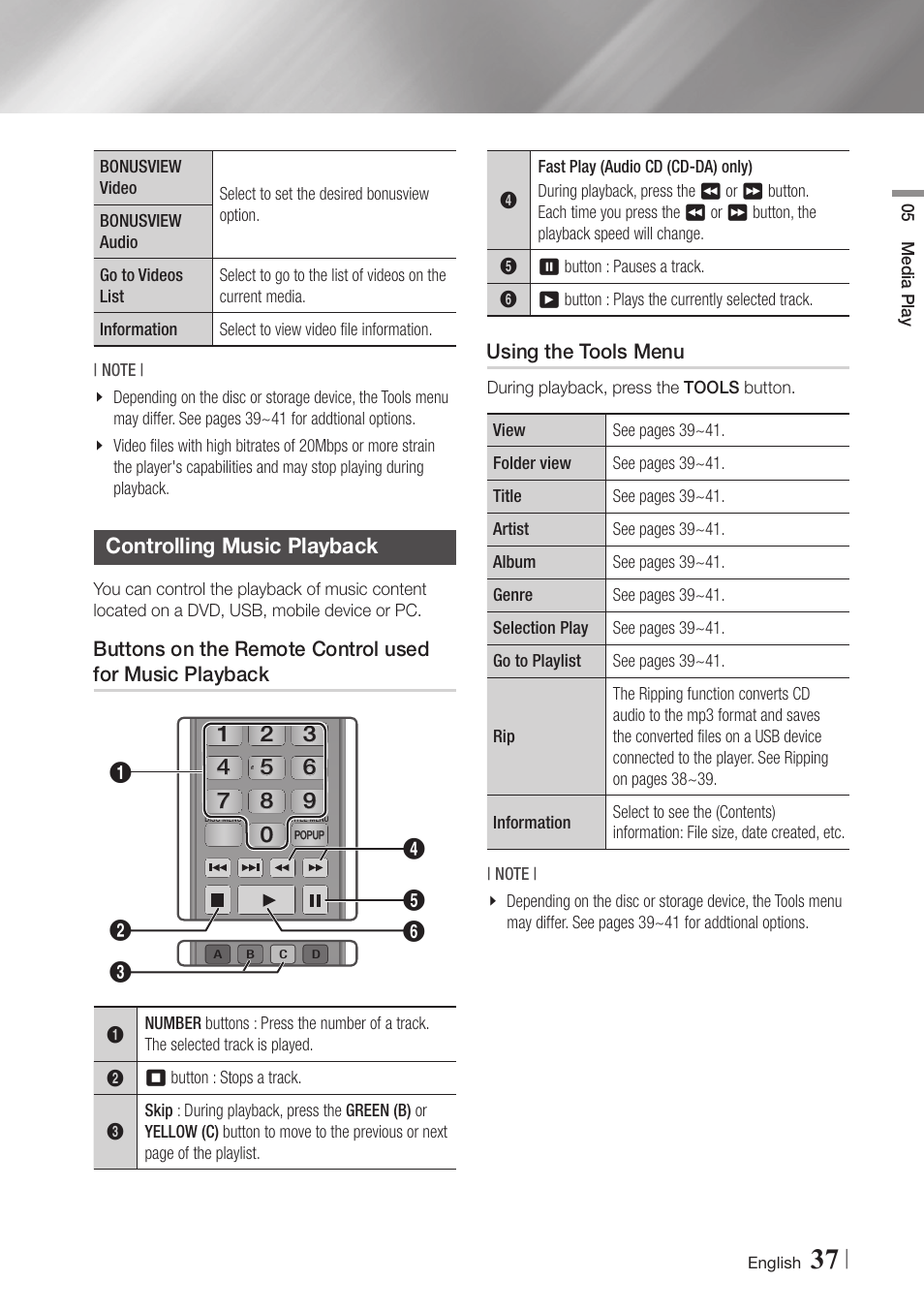 Controlling music playback, Using the tools menu, 37 controlling music playback 37 | Buttons on the remote control used for, Music playback | Samsung BD-E5900-ZA User Manual | Page 37 / 57