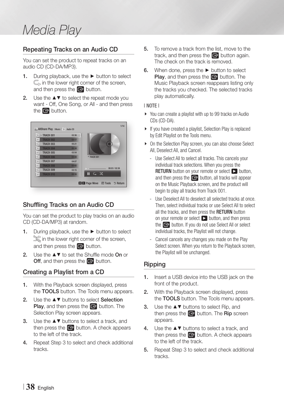 Repeating tracks on an audio cd, Shuffling tracks on an audio cd, Creating a playlist from a cd | Ripping, 38 ripping, Media play | Samsung BD-E5900-ZA User Manual | Page 38 / 57