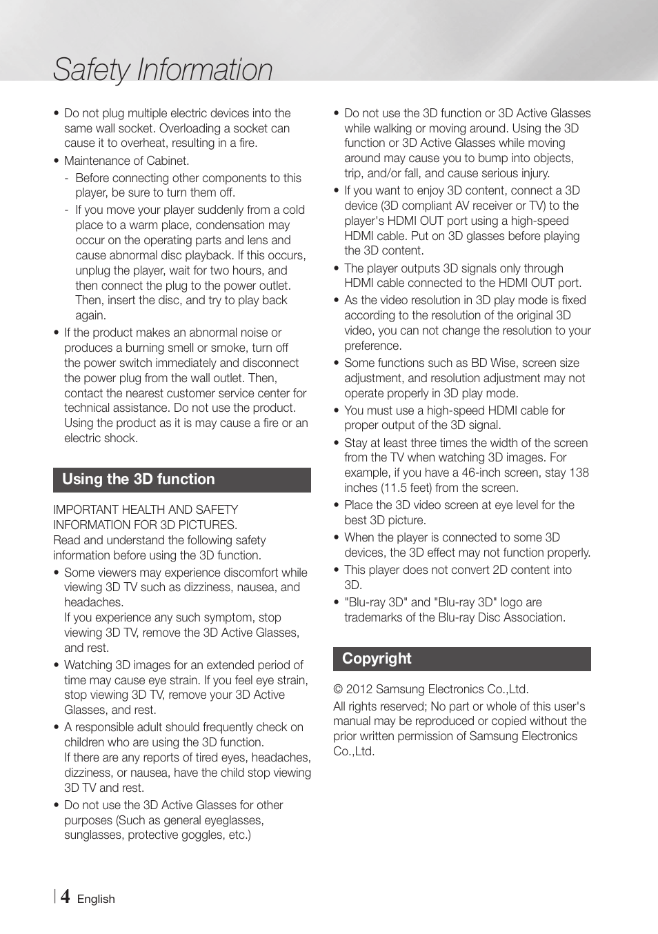 Using the 3d function, Copyright, Safety information | Samsung BD-E5900-ZA User Manual | Page 4 / 57