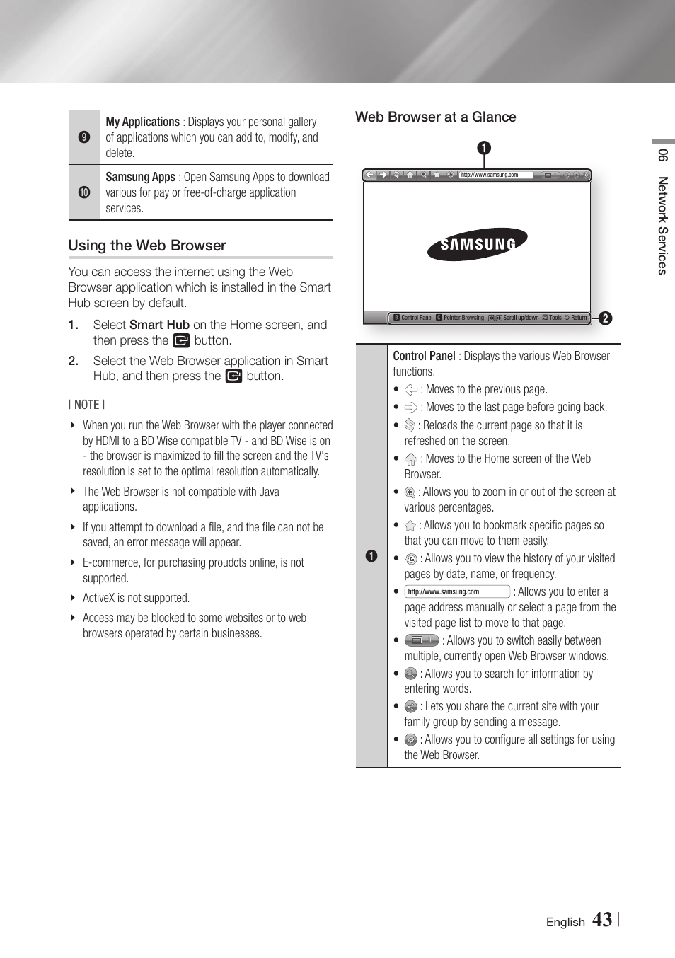 Using the web browser | Samsung BD-E5900-ZA User Manual | Page 43 / 57