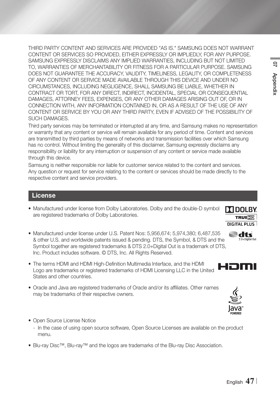 License, 47 license | Samsung BD-E5900-ZA User Manual | Page 47 / 57