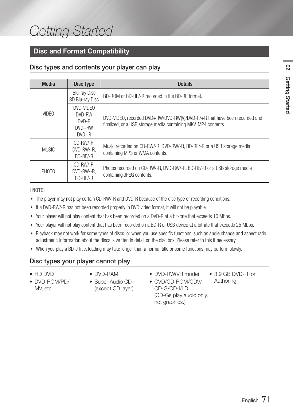 Getting started, Disc and format compatibility, Disc types and contents your player can play | Disc types your player cannot play, Disc types and contents your player can, Play | Samsung BD-E5900-ZA User Manual | Page 7 / 57