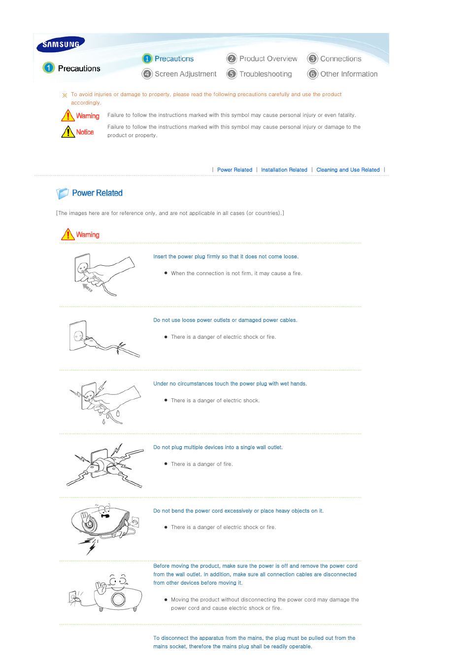 Precautions, Power related, Installation related | Samsung SPD300BX-XAA User Manual | Page 2 / 39