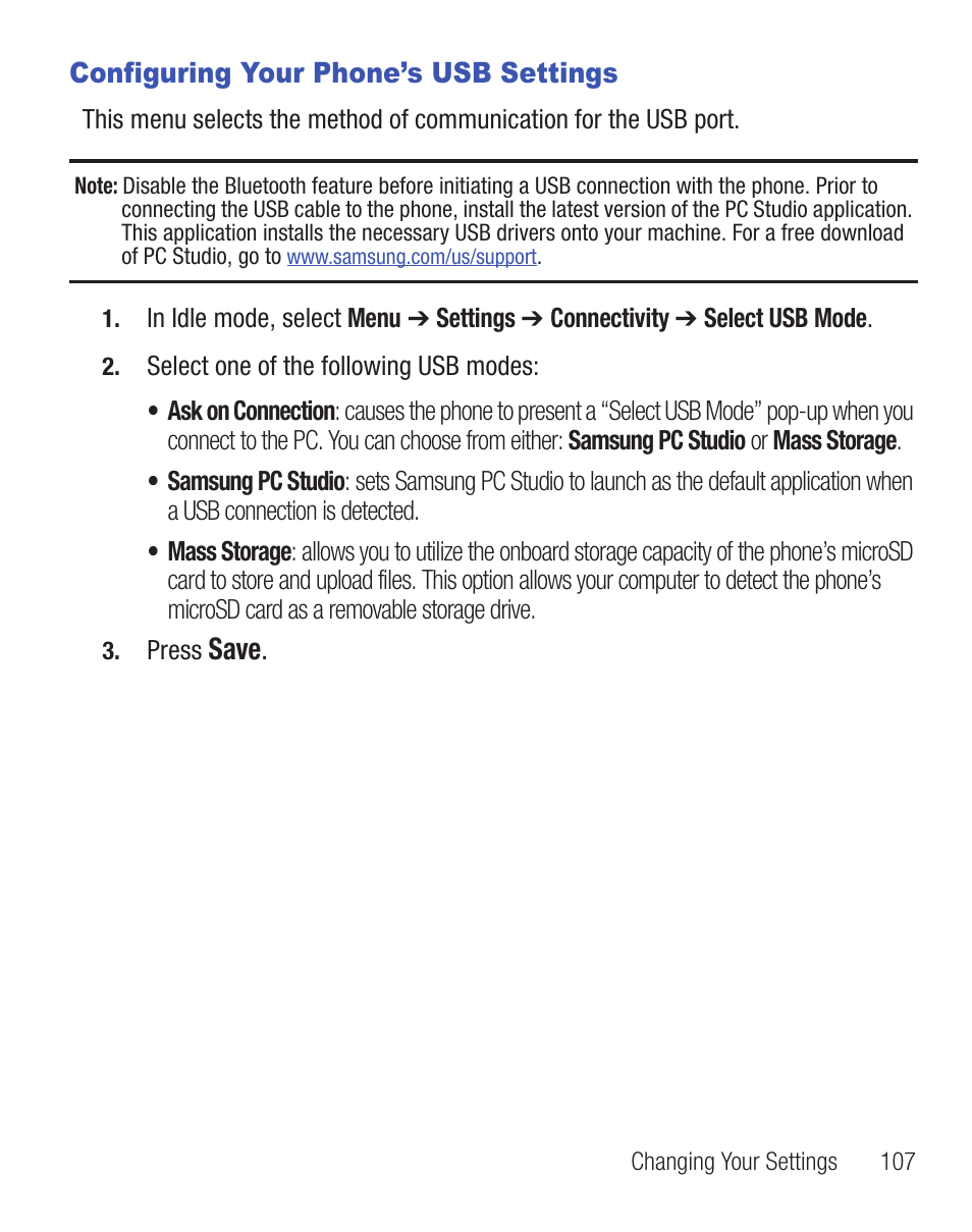 Configuring your phone’s usb settings, Save | Samsung SGH-S390CSATFN User Manual | Page 111 / 151