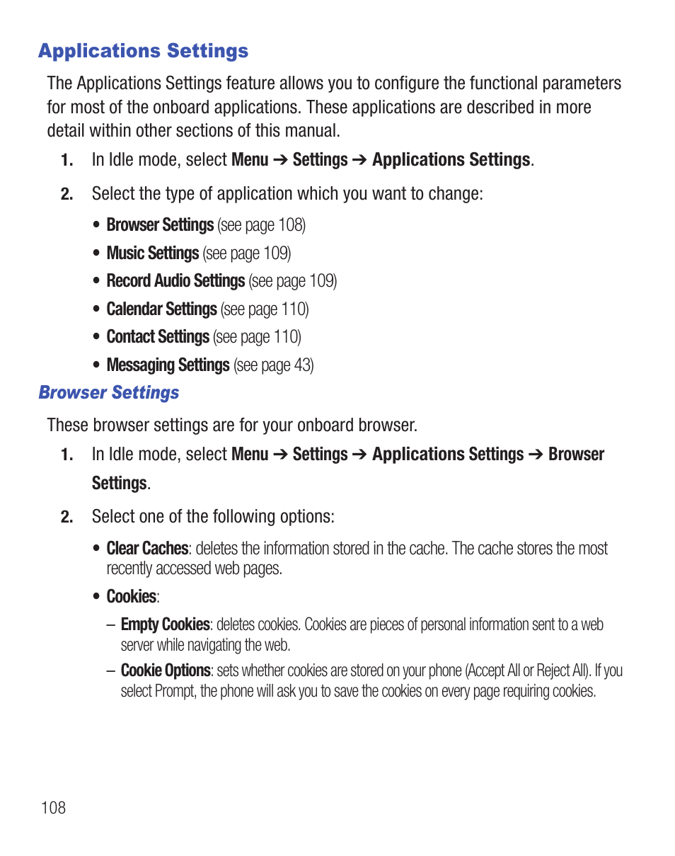 Applications settings | Samsung SGH-S390CSATFN User Manual | Page 112 / 151