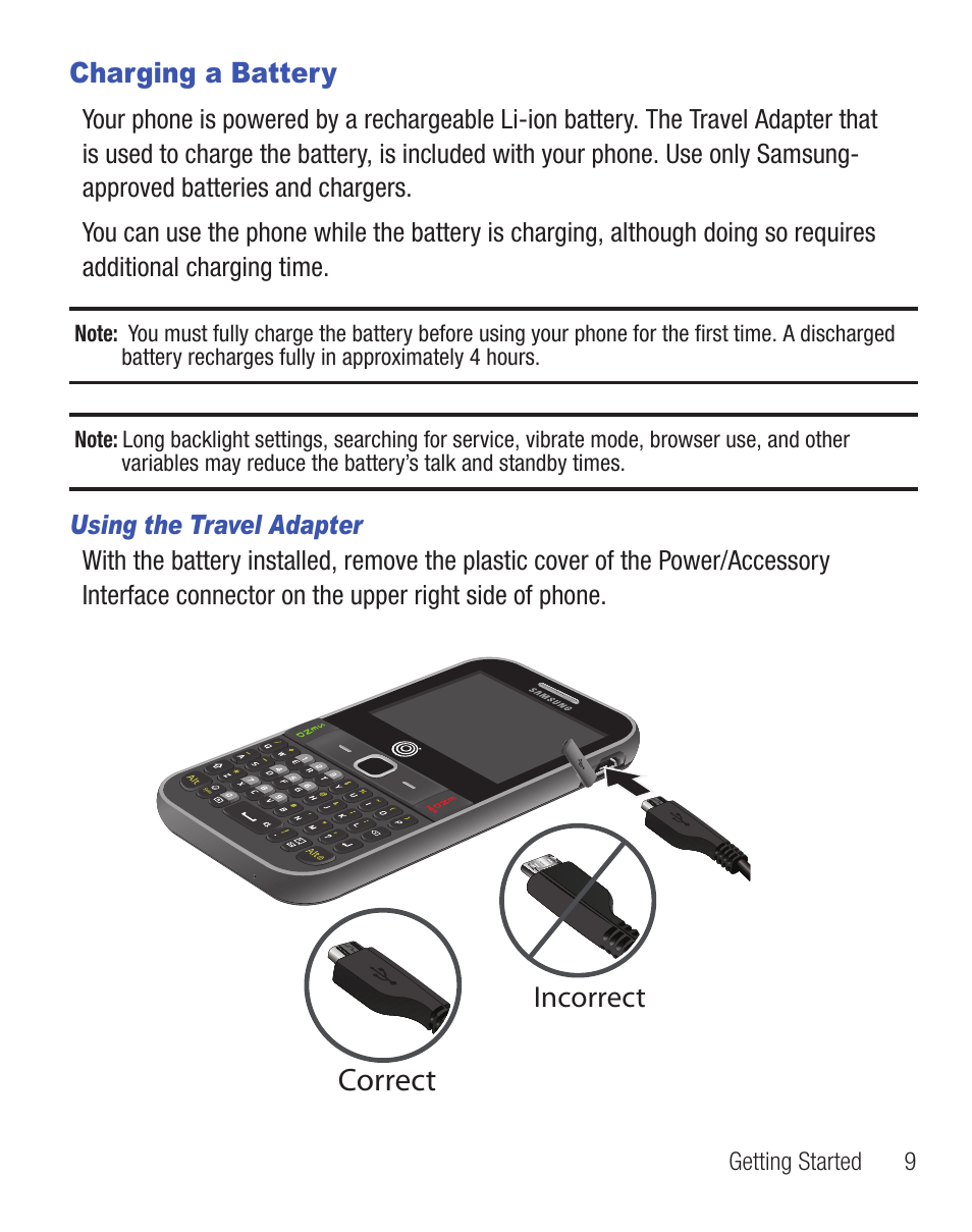 Charging a battery, Correct | Samsung SGH-S390CSATFN User Manual | Page 13 / 151