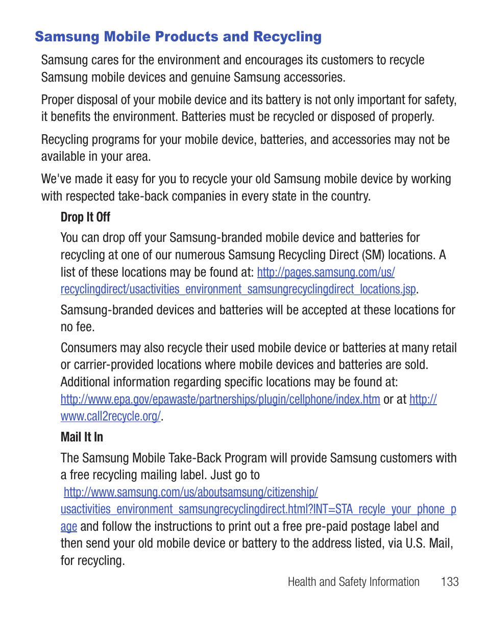 Samsung mobile products and recycling | Samsung SGH-S390CSATFN User Manual | Page 137 / 151