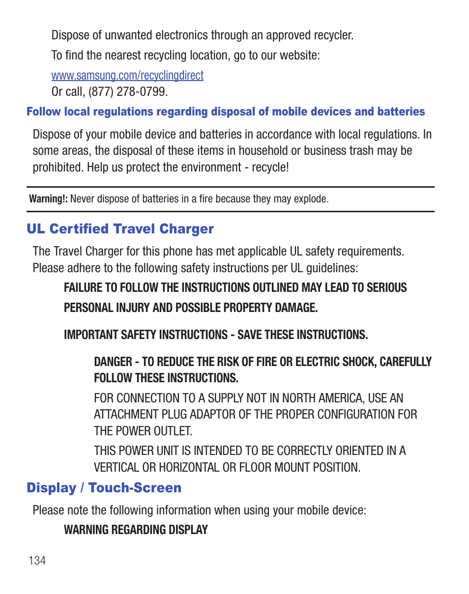 Ul certified travel charger, Display / touch-screen, Ul certified travel charger display / touch-screen | Samsung SGH-S390CSATFN User Manual | Page 138 / 151