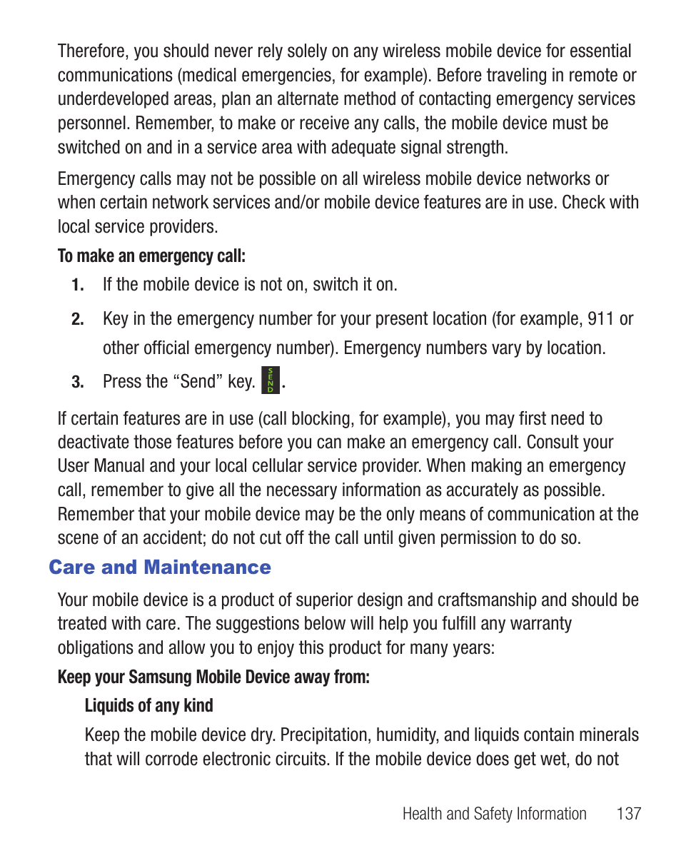 Care and maintenance | Samsung SGH-S390CSATFN User Manual | Page 141 / 151