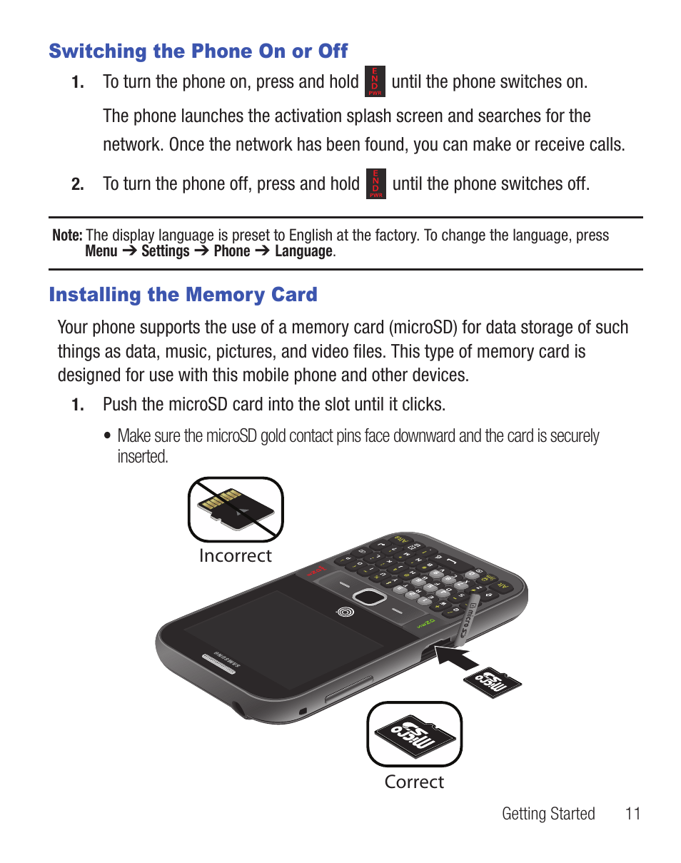 Switching the phone on or off, Installing the memory card | Samsung SGH-S390CSATFN User Manual | Page 15 / 151