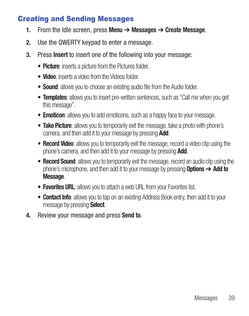 Creating and sending messages | Samsung SGH-S390CSATFN User Manual | Page 43 / 151