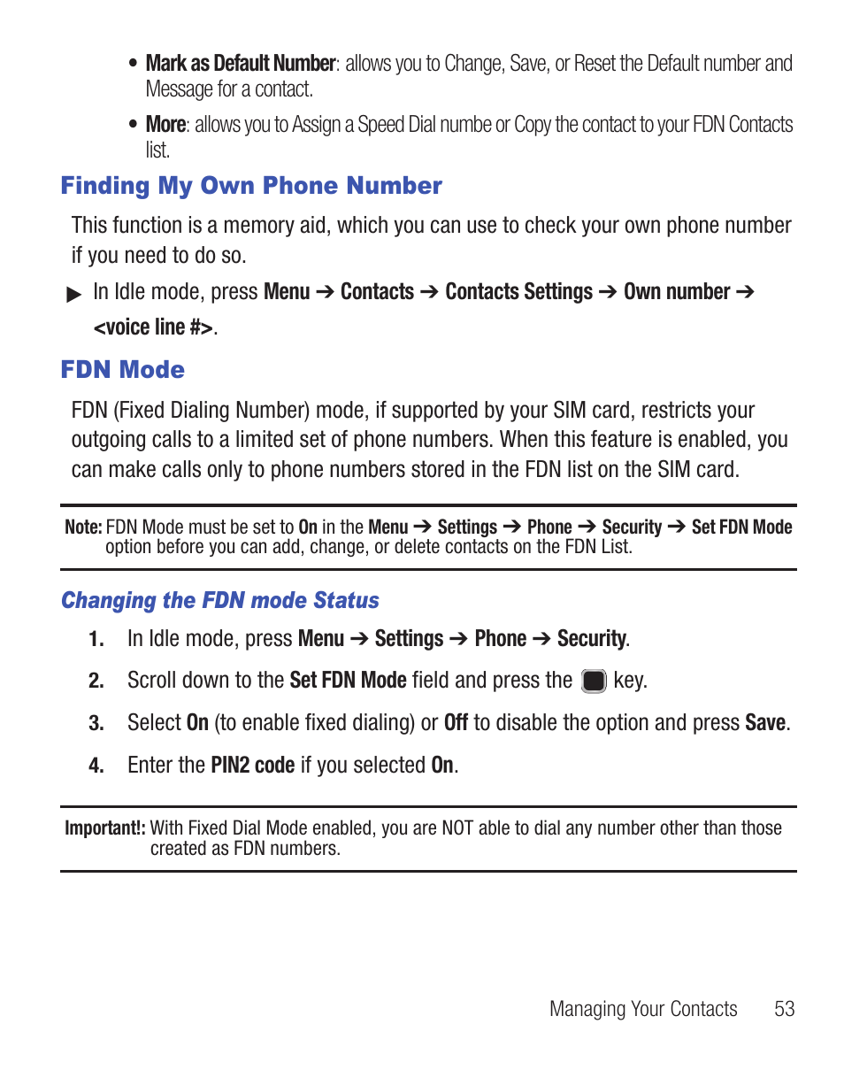 Finding my own phone number, Fdn mode, Finding my own phone number fdn mode | Samsung SGH-S390CSATFN User Manual | Page 57 / 151
