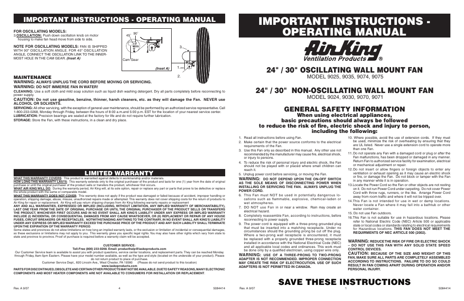 Air King 9025 User Manual | 2 pages