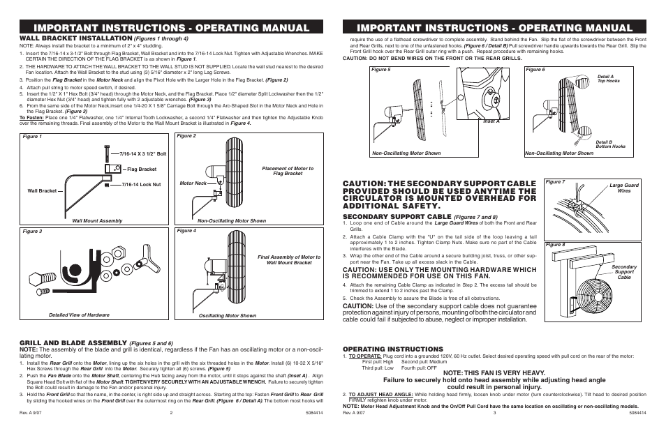 Important instructions - operating manual, Grill and blade assembly, Operating instructions | Secondary support cable | Air King 9025 User Manual | Page 2 / 2