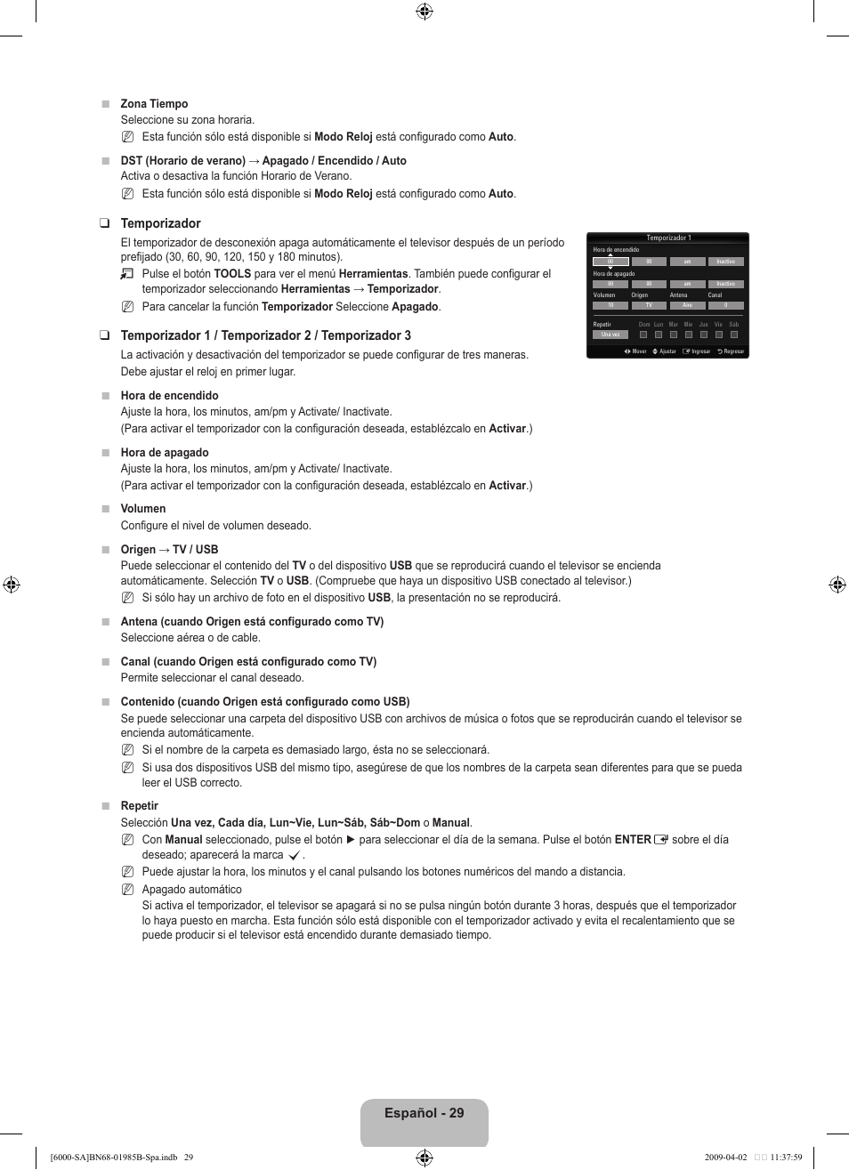 Español, Temporizador, Temporizador  / temporizador  / temporizador | Samsung UN40B6000VFUZA User Manual | Page 113 / 153