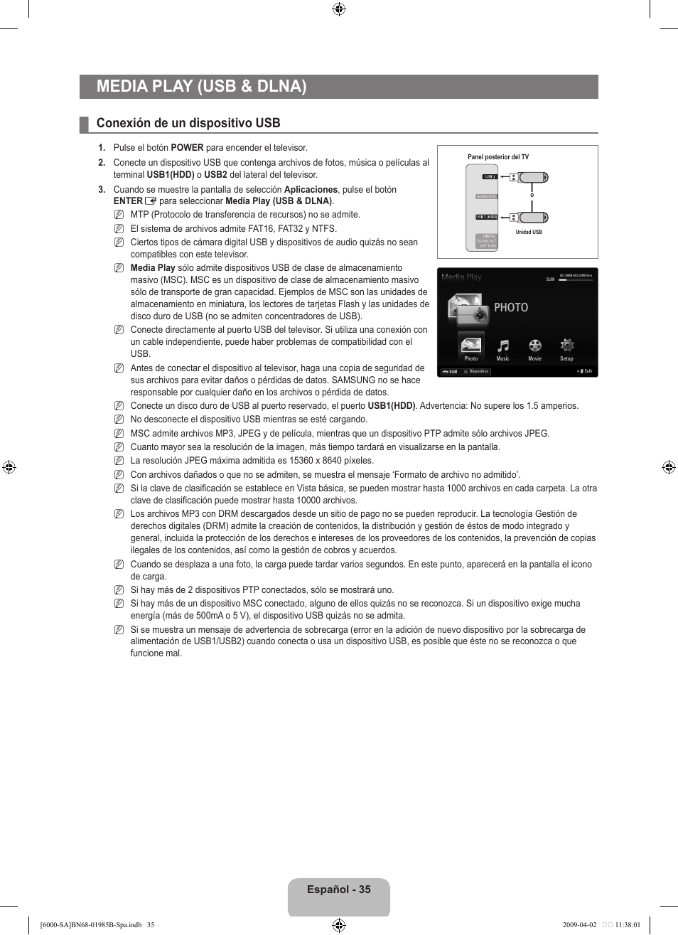 Media play (usb & dlna), Conexión de un dispositivo usb, Photo | Samsung UN40B6000VFUZA User Manual | Page 119 / 153